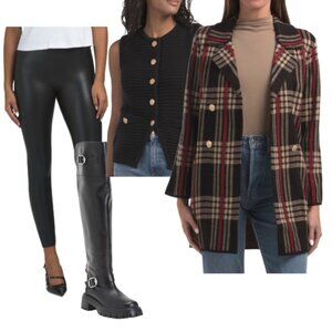 ANNE KLEIN Black, Tan and Red Plaid Coatigan